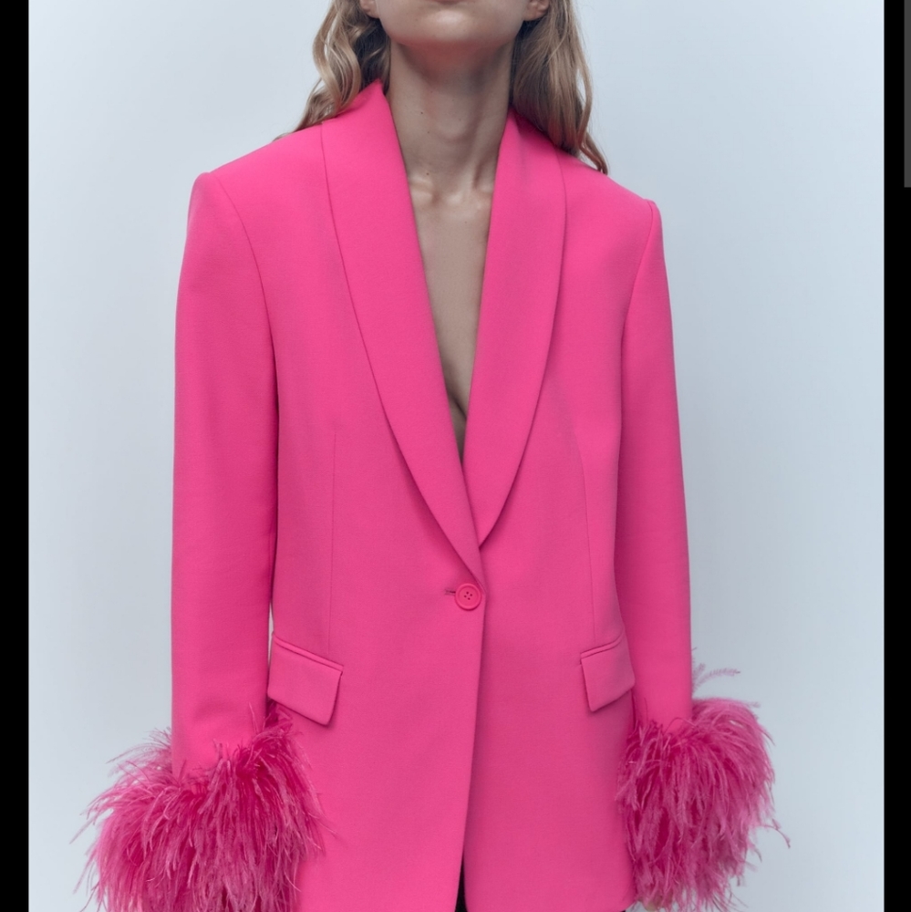 NWT pink barbie feather blazer